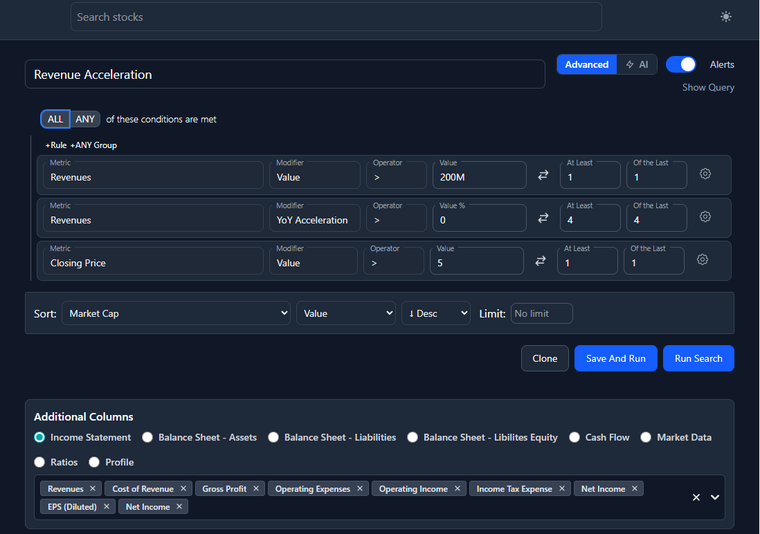 StockWatch advanced screener with source-linked SEC data